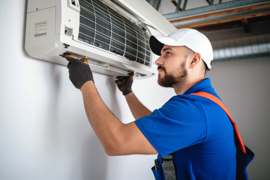HVAC technician installing a mini split air conditioner in Dana Point