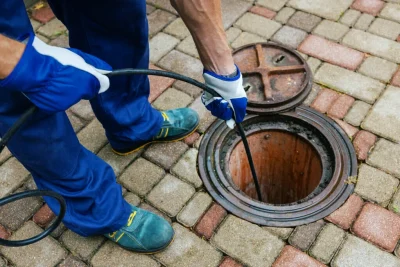 Plumber cleaning an outdoor sewer drain in Dana Point