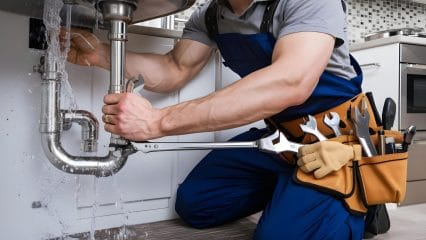 Plumber repairing pipes beneath a sink in Dana Point